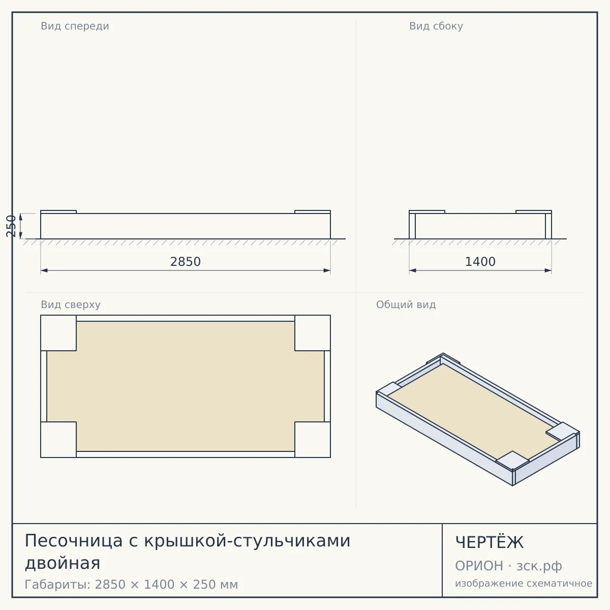 Песочница с крышкой-стульчиками двойная — чертёж
